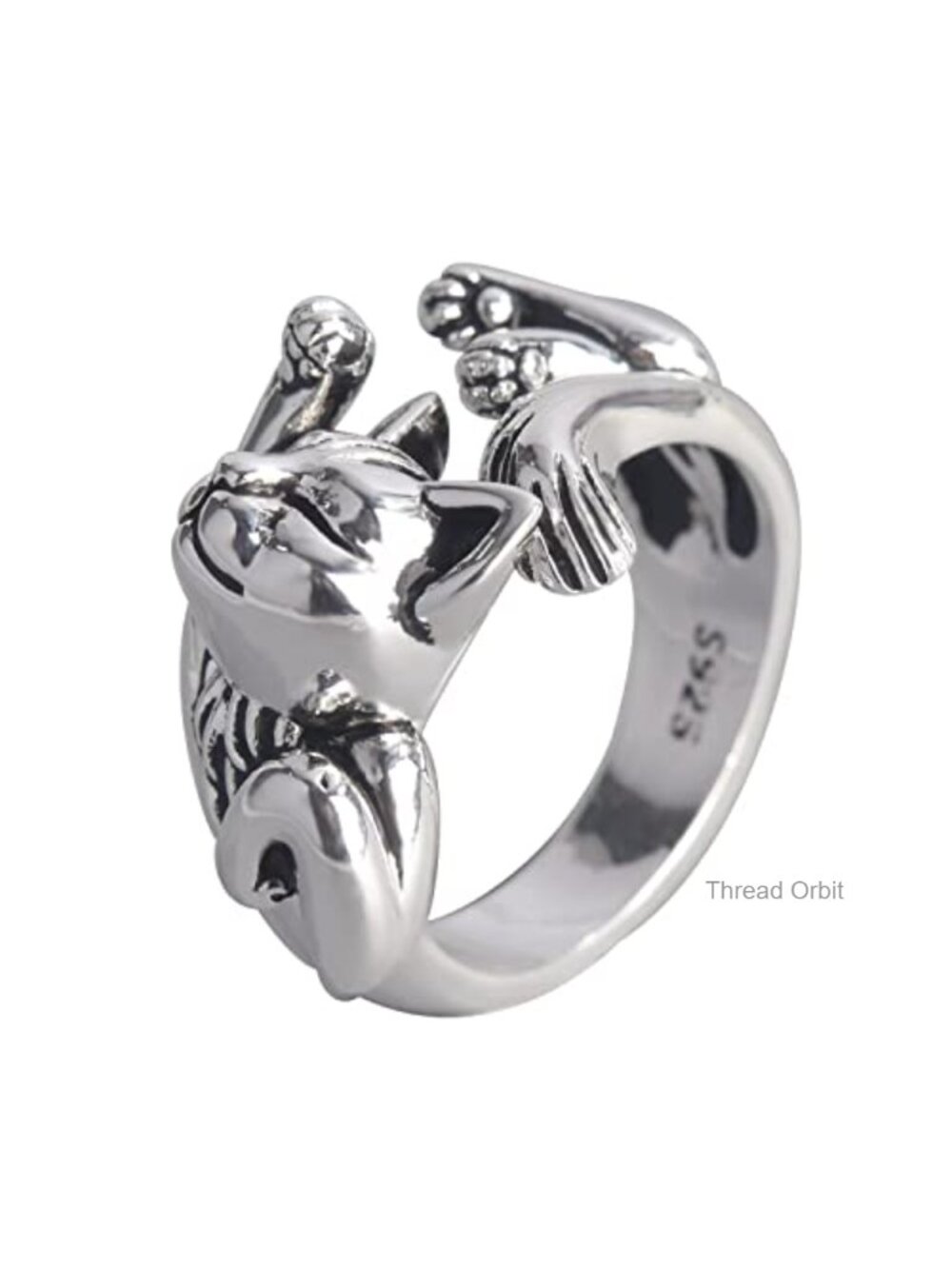 Adjustable Cat Shaped Ring Cubic Zirconia Sterling Silver Plated Stacking Ring